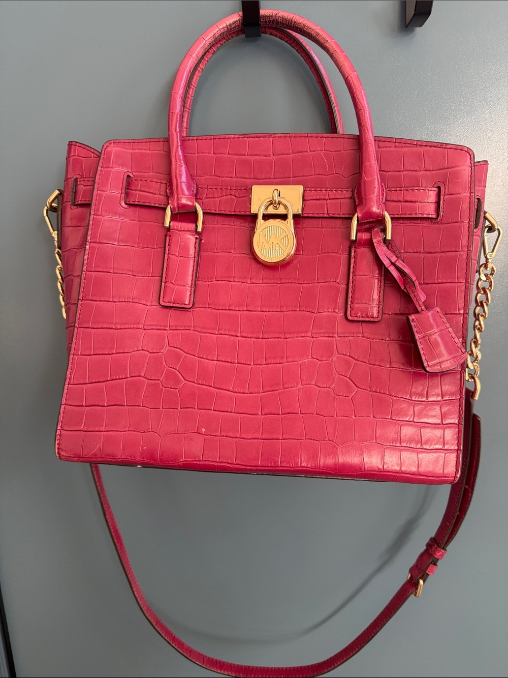 Michael Kors red Croc-Embossed Leather Satchel with Gold Hardware